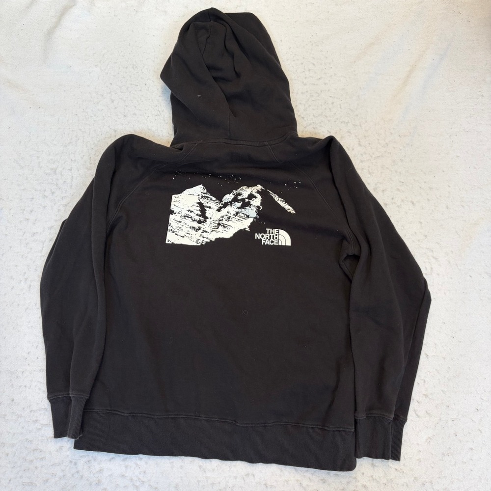 The North Face Hoodie Womens L Black Mountain Graphic Back Print Raglan Sleeve